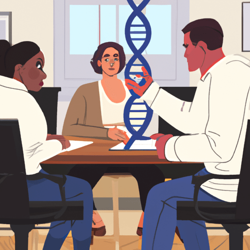 זוג בודק את תוצאות הבדיקה הגנטית עם יועץ גנטי
